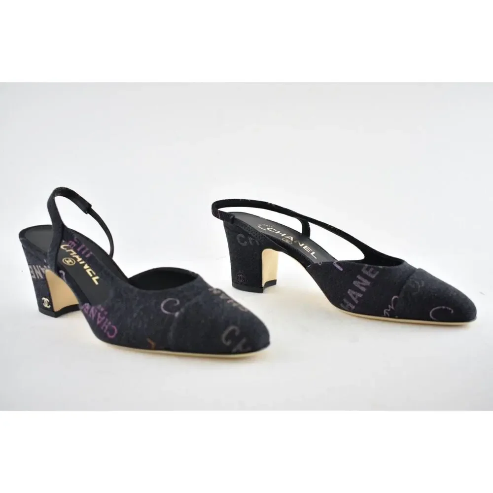 Chanel 22P Mademoiselle Coco Sling Black Grey Denim Slingback Sandal Heel 37.5 - Picture 4 of 12